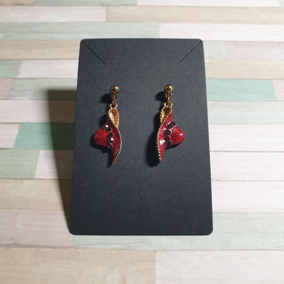 Vintage Red Hat Gold Dangling Earrings Purple Rhinestone Women Society Fashion - Picture 1 of 3